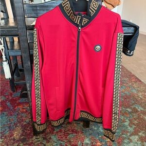 Versace Men's Red Jacket with Black and Gold Accents